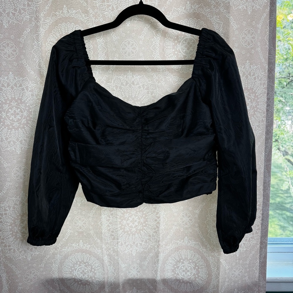 NWT J. Crew Black Ruched Puff Sleeve Crop Top Blouse Size 12